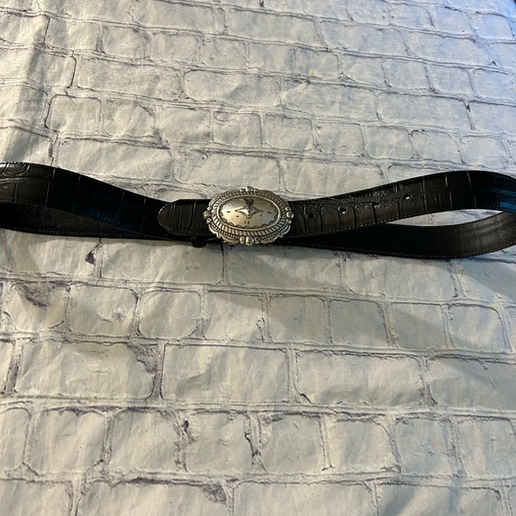 VINTAGE BLACK CROC LEATHER WITH EMBOSSED SILVER TONE BUCKLE BELT SIZE XL - Picture 9 of 11